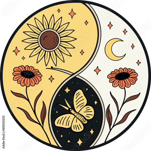 Vibrant yin yang symbol intricately blending elements of sunny daytime with celestial night-time featuring sunflowers a crescent moon and a detailed butterfly illustration representing balance.