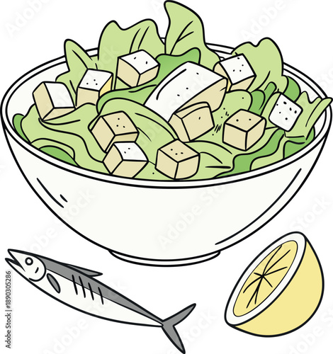 Simple hand drawn illustration depicts a fresh bowl of Caesar salad featuring crisp lettuce crunchy croutons and creamy dressing accompanied by a whole fish and a bright slice of lemon suggesting heal
