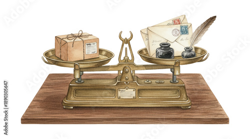 Vintage Postal Scale Balancing Package and Letters with Inkwells and Quill Pen on Wooden Table