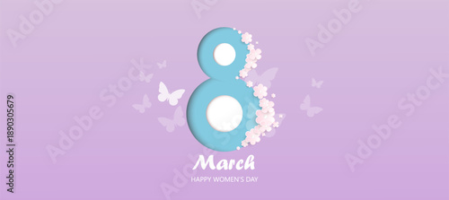 Banner from March 8th, Happy Women's Day with flowers and butterflies. A paper-cut invitation with spring flowers and butterflies on a purple background. Vector EPS 10.