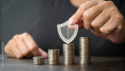 A hand places a shield symbol on stacked coins, representing financial security and investment protection.