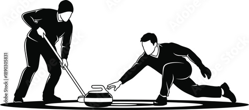 Curling Sport Player Sliding Stone Black and White Vector 