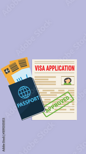 A passport with tickets next to visa application form.Application visa Document for travel.Travel approval. Immigration visa