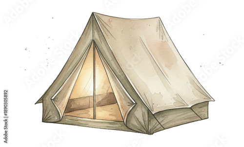 Cozy Canvas Tent with Warm Light Among Pine Trees in a Peaceful Outdoor Camping Setting