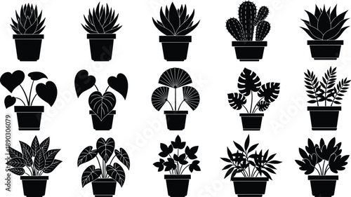 Vector Black Silhouette Houseplant Icon Set Featuring Potted Succulents, Cactus, Monstera Leaves, Indoor Garden Greenery, and Decorative Floral Elements for Interior Design