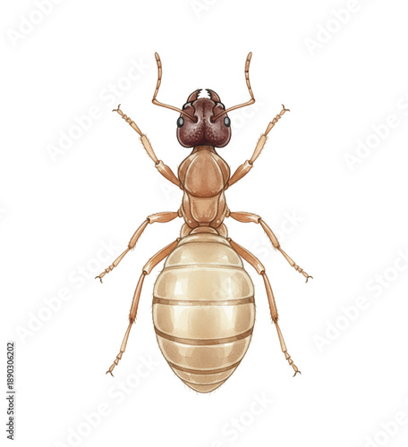Detailed top view illustration of a brown ant with segmented body on a pristine white background