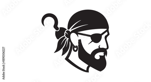 A black and white illustration of a pirate's head with a bandana and eye patch from a side viewpoint