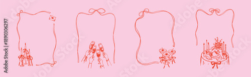 Hand drawn doodle crayon frame set with romantic ribbons for wedding invitations, cafe menu, Valentines Day poster. Delicate filigree victorian and French design elements, champagne and cocktail glass