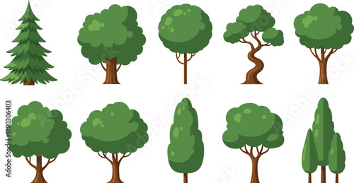 Vector Cartoon Tree Set Featuring Green Forest Foliage, Pine, Spruce, Oak, Cypress, and Garden Plants for Nature Landscape Design, Ecology, and Environment