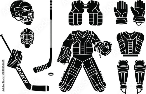 Hockey helmet, stick , mitten pads, guard gear silhouette icon set for sport. Goalie equipment solid element design pack. Hockey protection accessories glyph symbol bundle. Vector illustration black a