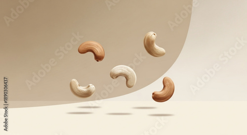 Cashews floating in air with beige background and shadows healthy snack concept with nuts