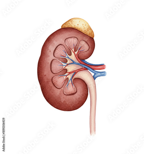 Detailed Human Kidney Cross Section Anatomy with Adrenal Gland Medical Watercolor Illustration