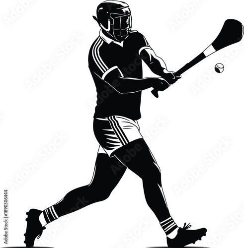 Hurling Sport Player With Stick Black and White Vector 