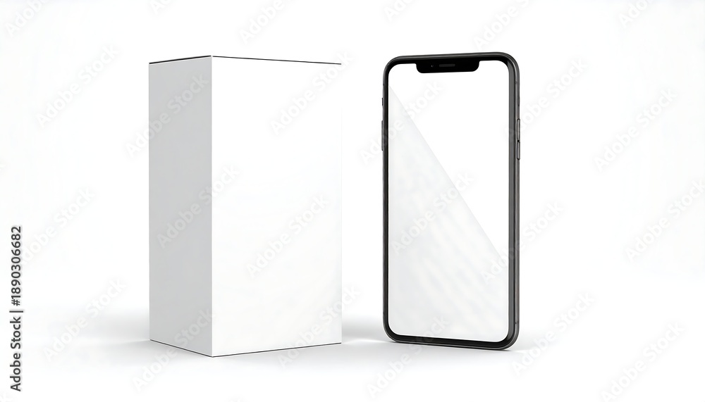 Naklejka premium A smartphone with a blank screen stands beside a tall, rectangular white box. Clean, modern look against a white backdrop