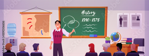 History classroom interior vector flat illustration, cartoon teacher is giving a lecture to students at the blackboard