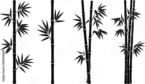 Black bamboo stalk silhouettes with leaves, tropical plant elements for landscape design, zen nature set