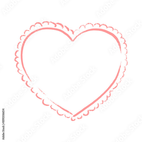 Cute hand drawn crayon doodle heart frame. Scalloped whimsical children freehand drawing border in heart shape. Valentines day, wedding, bachelorette party design pencil sketch element