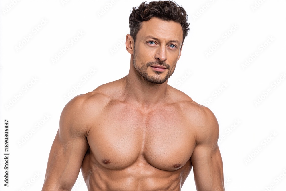 Fototapeta premium Muscular man poses in studio setting