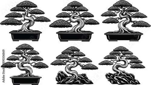 Black bonsai tree silhouettes set, Japanese miniature trees in pots, oriental zen garden plants