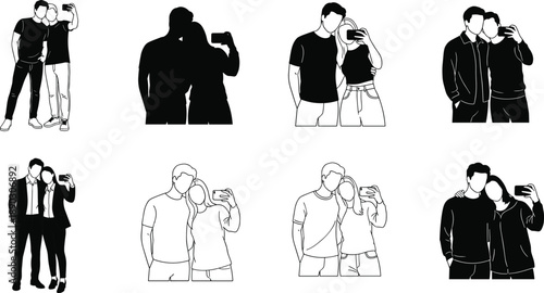 Faceless couple selfie silhouettes and line art set, romantic partners posing for photo, minimalist