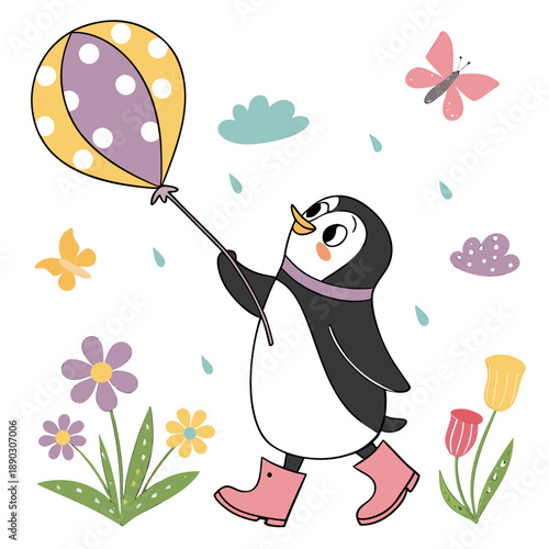 Vector illustration of a Mischievous Emperor penguin with with a balloon, styled in a Spring theme using Blooming Renewal colors