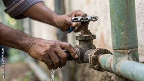 A close-up of a hand turning a valve on a water pipe, showcasing wear and texture on the hand and equipment.