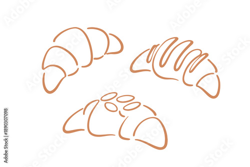 Croissants doodle line breakfast pastry set vector illustration