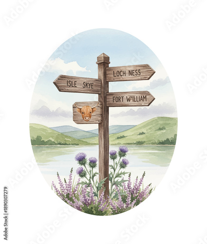 Scenic Watercolor Illustration of a Scottish Signpost Pointing to Isle Skye Loch Ness and Fort William with Highland Cow Thistles Lake and Hills