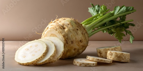 celeriac root whole and sliced showing white flesh and green leaves on neutral background for root vegetable and healthy eating