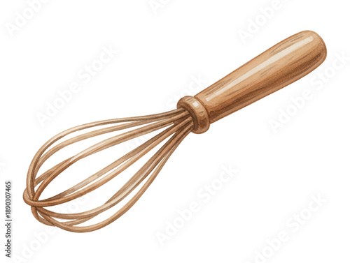 Brown Kitchen Whisk with Wooden Handle Watercolor Illustration Isolated on White Background