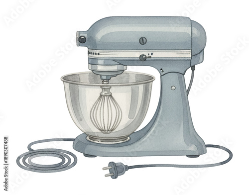 Modern Grey Stand Mixer with Stainless Steel Bowl and Whisk Attachment Featuring Power Cord and Plug for Kitchen Baking