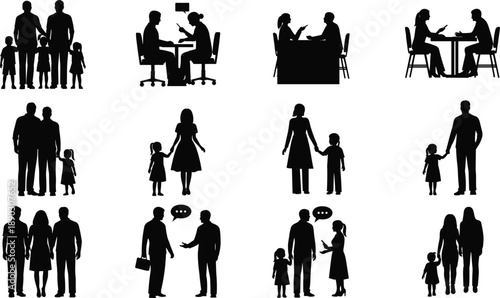 Family and people silhouettes collection showing parenting, communication, meetings and daily life scenes black vector illustrations isolated white backgroundFamily and people silhouettes collection 