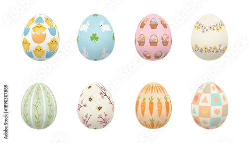 Eight colorful Easter eggs decorated with springtime patterns like chicks rabbits and flowers on white background