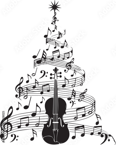 Christmas tree silhouette made of music notes and violin
