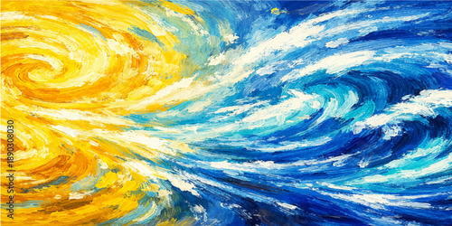 Vibrant blue ocean waves swirl into a colorful abstract vortex design where sea and sky meet in a light-filled nature illustration featuring a spiral pattern and a soft horizon reflection