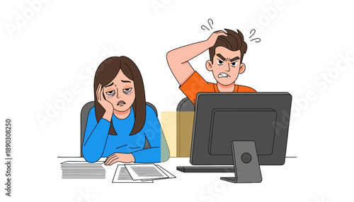 A stressed couple dealing with financial problems at their desk