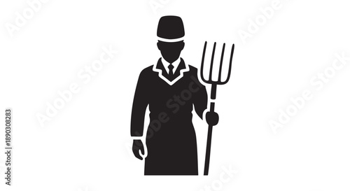 Farmer holding a pitchfork in a field from a front viewpoint