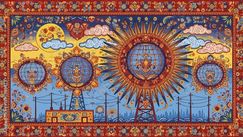 A vibrant art of a Ferris wheel at dusk with cute sun and clouds in a fantasy landscape