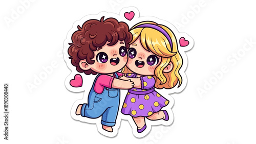 Cute 3D sticker of a boy and girl in love hugging each other happily