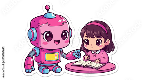 Cute 3D sticker of a girl and robot working together on a colorful project with enthusiasm and creativity