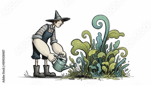 A Gardener watering whimsical plants in a fantastical garden scene