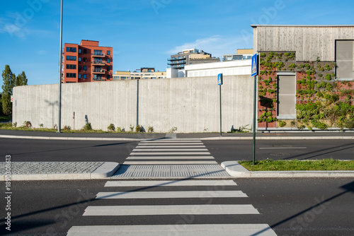 Empty urban city street crosswalk for pedestrian crossing on road showing transport access with modern architecture under clear sky