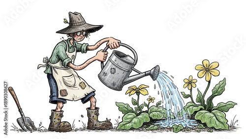 Illustration of a gardener watering flowers with a watering can