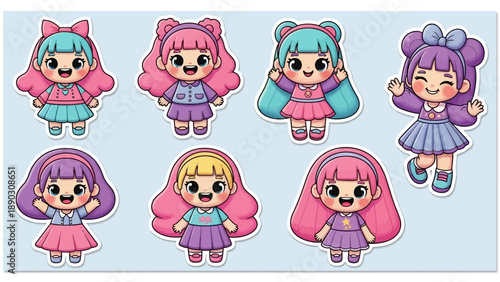 A set of cute 3d sticker characters with colorful hairstyles and dresses arranged in a visually appealing grid display for digital use.