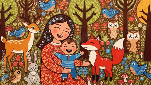 A heartwarming of a mother holding her cute baby surrounded by animals in a forest