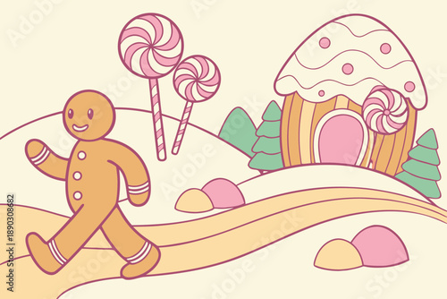 A cheerful gingerbread man walks through a whimsical candy land with lollipops and a sweet house