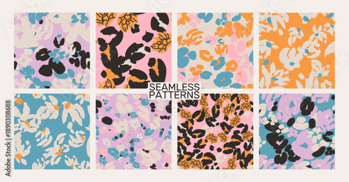 Abstract floral pattern background set. Seamless vector pattern collection with modern hand painted shapes and bold colors. Trendy seamless background collection for textile, fashion, surface design