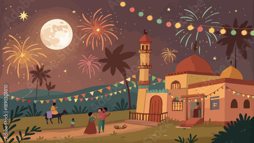 Vibrant nighttime celebration at a mosque with fireworks and family joy