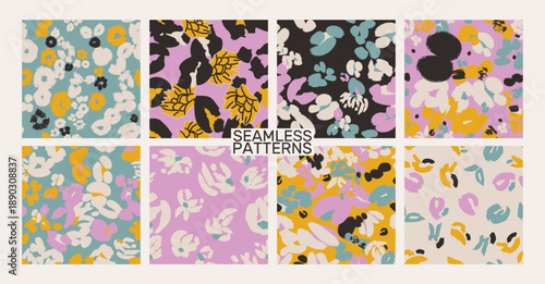 Abstract floral pattern background set. Seamless vector pattern collection with modern hand painted shapes and bold colors. Trendy seamless background collection for textile, fashion, surface design