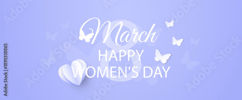 A banner dedicated to International Women's Day. Festive backdrop for March 8 with butterflies and a heart on a purple background. Vector illustration.